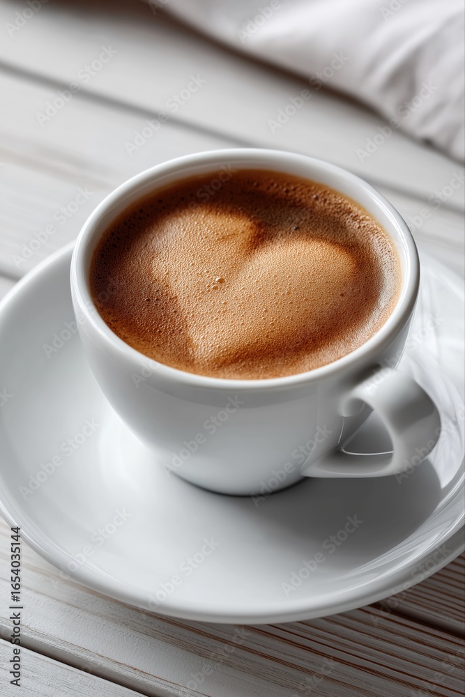 Fototapeta premium Heart-shaped latte art in white ceramic cup on wooden table