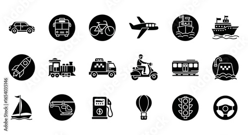 Collection of various transportation icons, including cars, planes, and boats, presented in black and white.