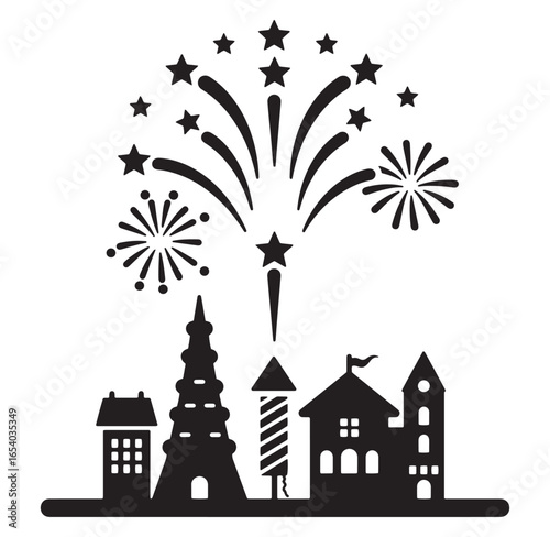 Silhouette illustration of fireworks exploding above cityscape and festive buildings