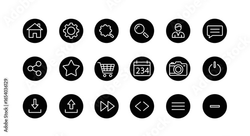 Modern Black and White Icon Set for Digital Interfaces and Applications