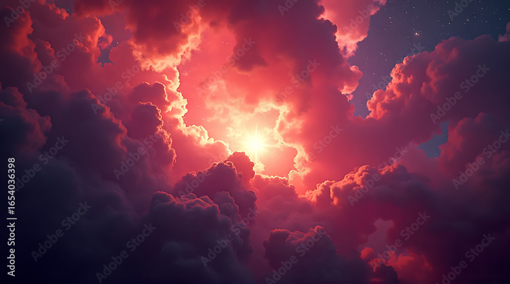 Fototapeta premium Dramatic Skies: A vibrant sunset with fiery red clouds and heavenly glow
