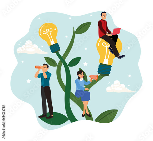 Collaborative innovation team depicted through growing light bulb concepts.