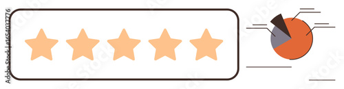 Five orange stars inside a rectangular box represent excellent customer rating and satisfaction. Next to it, a segmented pie chart illustrates statistical data analysis. Ideal for customer feedback