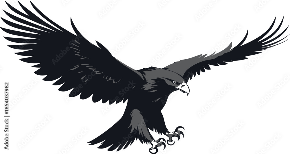 Fototapeta premium Eagle flying in the sky with wings spread in a black silhouette style