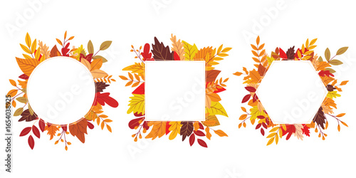  Round, square and polygonal frames with fall leaves border. Autumn foliage frame set. Blank shape for seasonal card, invitation, design, vector graphic