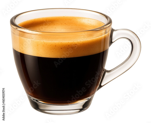 Fresh espresso coffee in a small glass cup with rich crema.