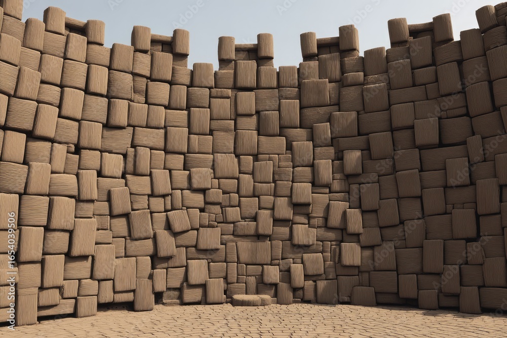 Fototapeta premium Beige, textured, block wall, curved, interior space