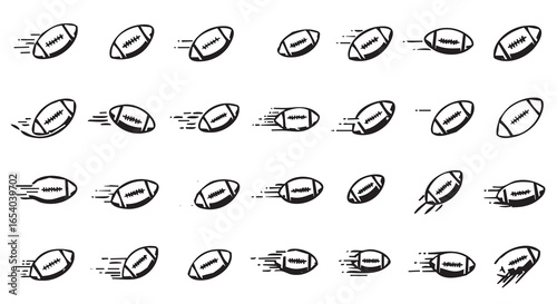 Vector icon sheet of American football ball with multiple dynamic motion variations in the air.