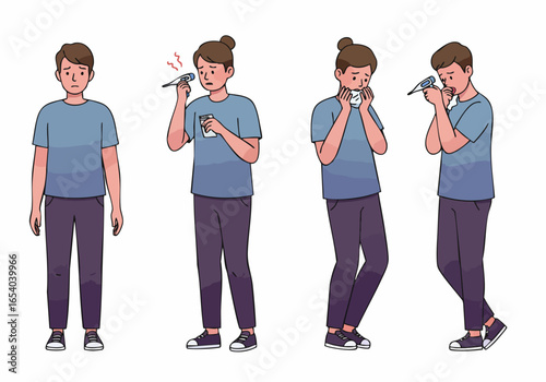 A person illustrating the stages of illness from feeling unwell to developing fever and coughing, depicting symptoms of sickness.