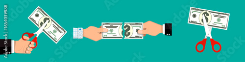 Man hands holding and cutting a one hundred dollar bill in flat style art. Budget cutting and financial concept for business.
