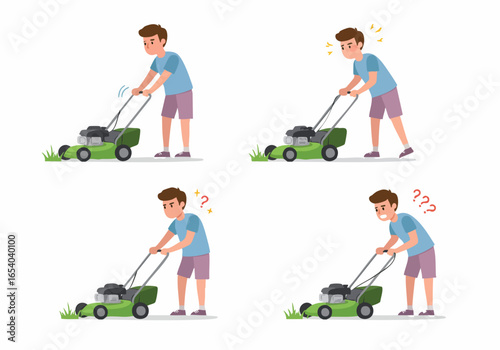 Man experiencing issues with a malfunctioning lawnmower, showing frustration and confusion during yard work and home maintenance.