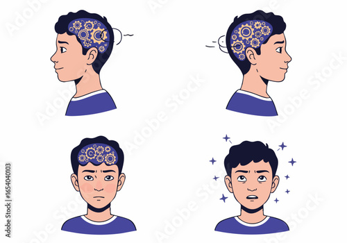 Illustration of a person experiencing cognitive overload or a headache, with gears symbolizing thought and a dazed expression.