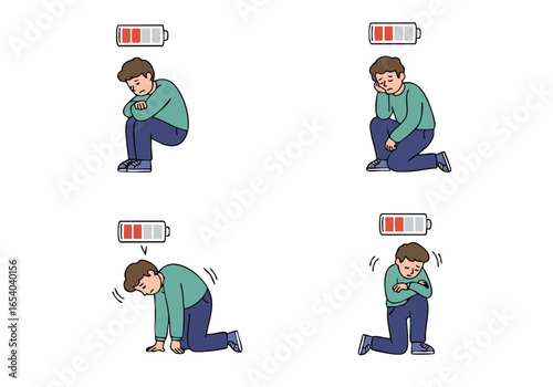 Illustration of a man experiencing burnout, chronic fatigue, and mental exhaustion with a low battery icon, symbolizing depleted energy and emotional distress.
