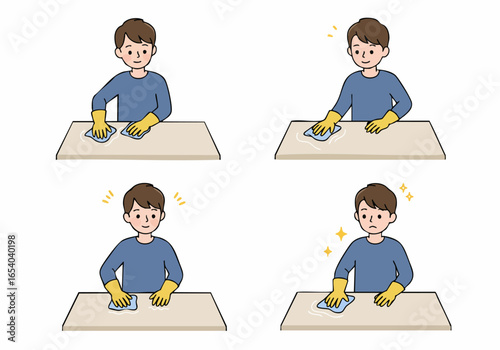 Man Cleaning Table Surface with Cloth and Gloves Illustration Set Depicting Housework Process and Satisfaction