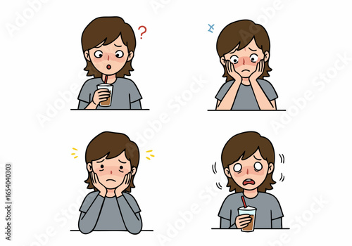 Young woman experiencing various reactions and discomforts, from surprise and worry to fatigue and dental sensitivity, while consuming a beverage, isolated vector illustration set.