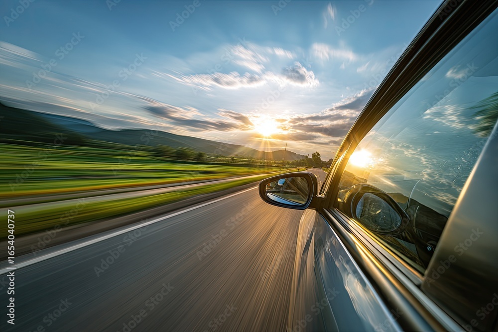 Obraz premium Road trip sunset view from car