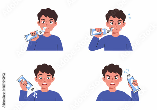 Man's daily struggle with an empty toothpaste tube, showing frustration in a four-panel sequence.