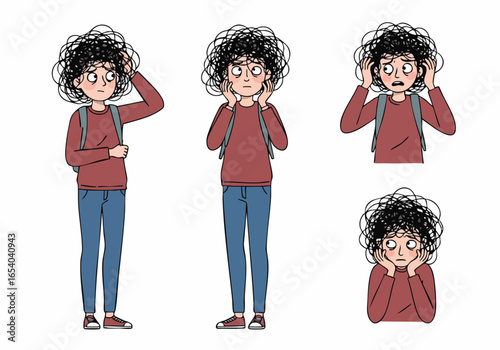 Cartoon illustration of a young person overwhelmed by stress and confusion, with tangled hair symbolizing mental burden and anxiety.