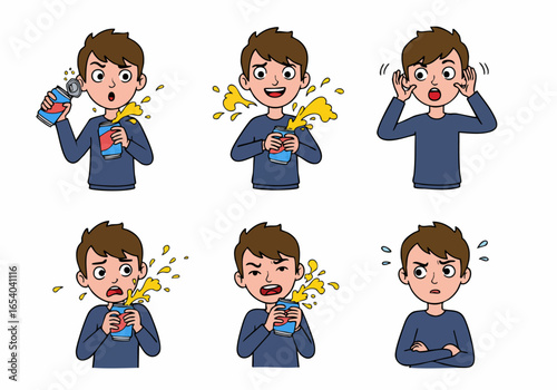 Cartoon boy's expressions: Surprised, happy, shocked, distressed, angry, and annoyed by spilling soda
