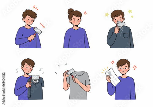 Illustrations of people using lint rollers for personal grooming, clothing care, and dealing with lint, dust, and pet hair issues in daily life.