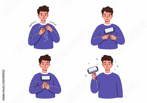 Illustration showing a man cleaning his sweater with a lint roller, depicting the before and after transformation from dirty to perfectly clean clothing.