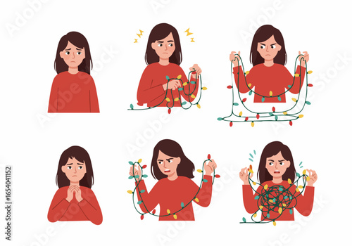 Holiday Stress: A Woman's Annoyance and Despair While Untangling Christmas Decoration Lights