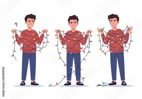 Young man tangled in Christmas lights experiencing holiday decorating frustration and confusion, illustrating common festive season challenges.