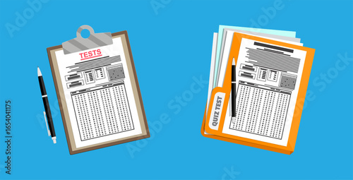 Test paper with optical answer sheet on clipboard and quiz test documents. Education concept for examination or survey.