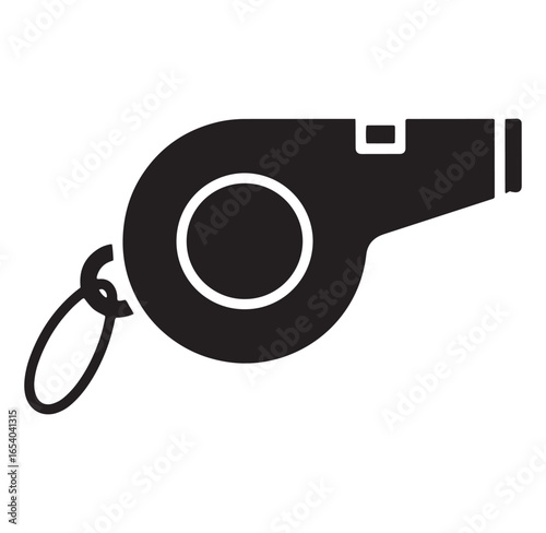 Simple black and white whistle icon for sports and referee or trainer related designs