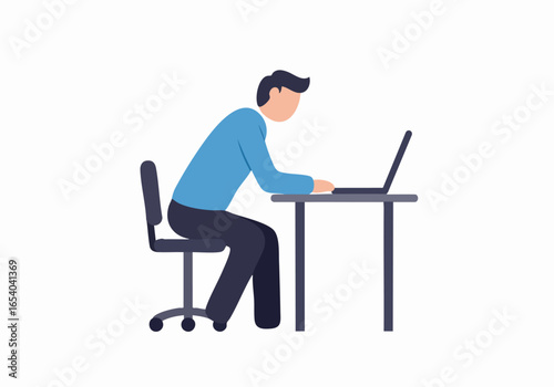 Poor ergonomic working habits: man hunched over laptop at desk, illustrating unhealthy posture during computer use.