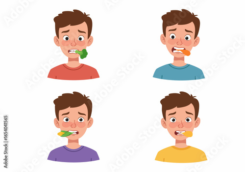 Cartoon Boy's Disgusted Reaction to Healthy Vegetables: Broccoli, Carrot, Corn, and Bell Pepper