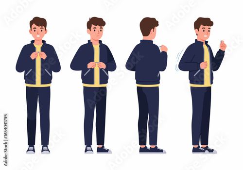 Illustrated sequence of a young man putting on or taking off a zipper jacket, demonstrating steps from front and back views on a white background.