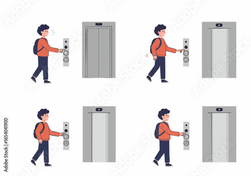Young Man Using Elevator Buttons for Up and Down Movement, Everyday Life Transportation