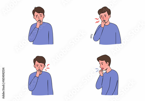 Illustration set of a man suffering from cough, sore throat, or respiratory illness symptoms, depicting discomfort and sickness.