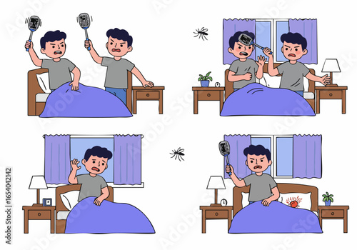 A man's frustrating night battling mosquitoes in bed, attempting to swat them with an electric fly swatter for peaceful sleep, showing the struggle against insects.