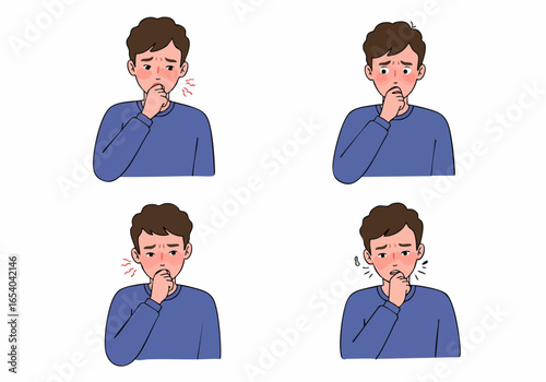Illustrated set of a young man experiencing cough and throat pain symptoms, indicating illness or allergic reaction.