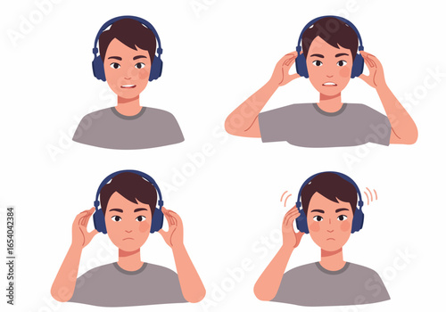 Young Man Illustrates Varying Headphone Experiences: Pleasure, Displeasure, and Loud Noise Sensitivity.