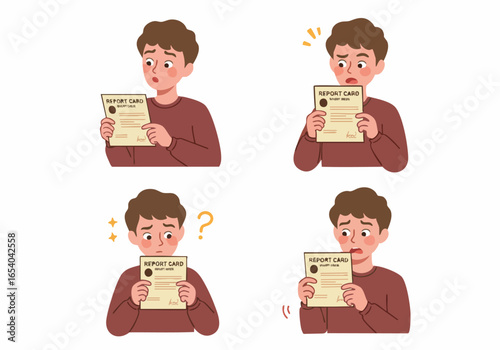 A young man's varied expressions of shock, worry, and disappointment while looking at his school report card revealing challenging academic results.