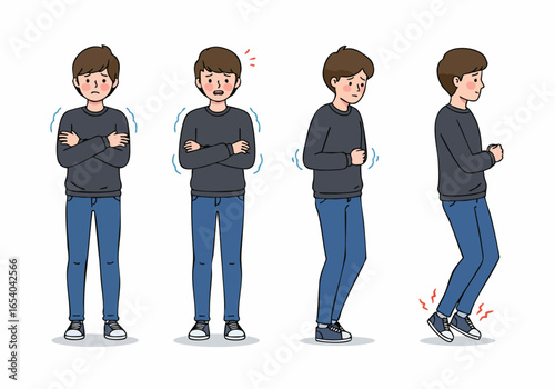 Cartoon illustration of a young man experiencing cold and shivering, demonstrating physical discomfort and various reactions to low temperature.
