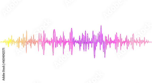 A vibrant abstract sound wave graphic with a colorful gradient from yellow to pink and purple.