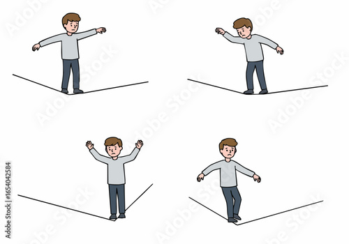 Four panel illustration of a man balancing on a line, depicting struggle, instability, and the effort to maintain control.