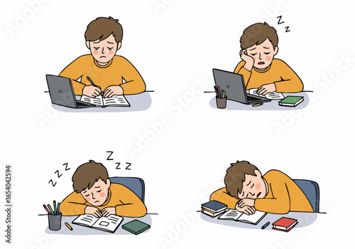 Progression of a young person studying and feeling tired, gradually falling asleep at their desk with a laptop, highlighting exhaustion.