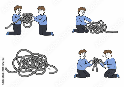 Problem-solving journey: A man's frustration with a tangled knot leads to teamwork and a drastic solution, illustrating complexity and determination.