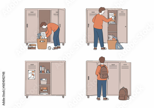 Student organizing locker, showing the process of tidying school supplies and personal items in a neat, step-by-step illustration.