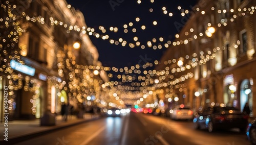Blurry city street at night with festive lights