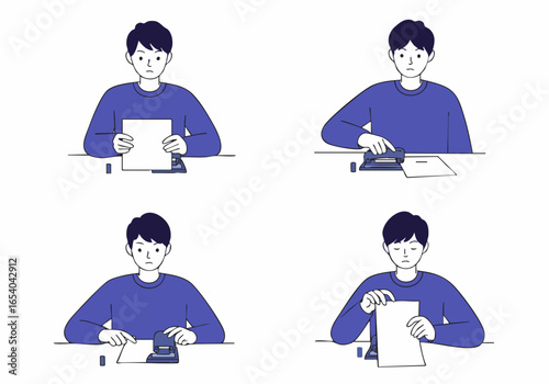 A step-by-step illustration of a focused man using a stapler to organize documents at a desk in an office or home environment.
