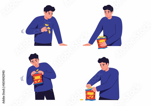 A man experiences the relatable challenges and mess of eating potato chips, from spilling to struggling to get the last snack bits.