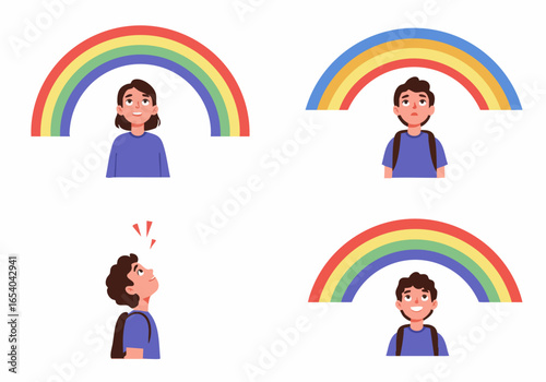 Children's Emotional Journey: From Sadness to Joy, Embracing Hope and Vibrancy with Symbolic Rainbows.