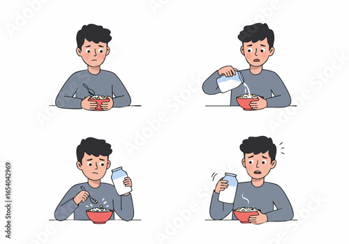 Man discovers his milk is spoiled while preparing breakfast cereal, showing a sequence of disappointment and disgust.