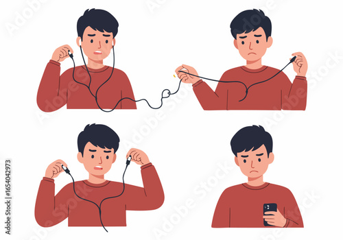 Frustrated man struggles with tangled wired earphones, highlighting common tech problems and the appeal of wireless alternatives.